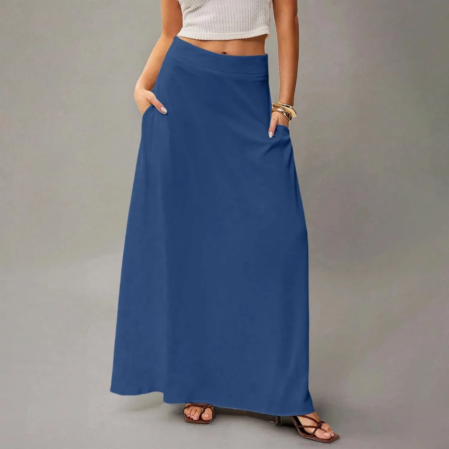 Womens Flowy A Line Skirt Boho Elastic High Waisted Long Maxi Skirts for Women Trendy Summer Basicwith Pockets