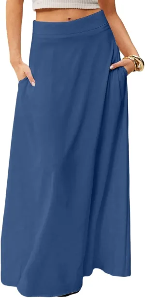 Womens Flowy A Line Skirt Boho Elastic High Waisted Long Maxi Skirts for Women Trendy Summer Basicwith Pockets