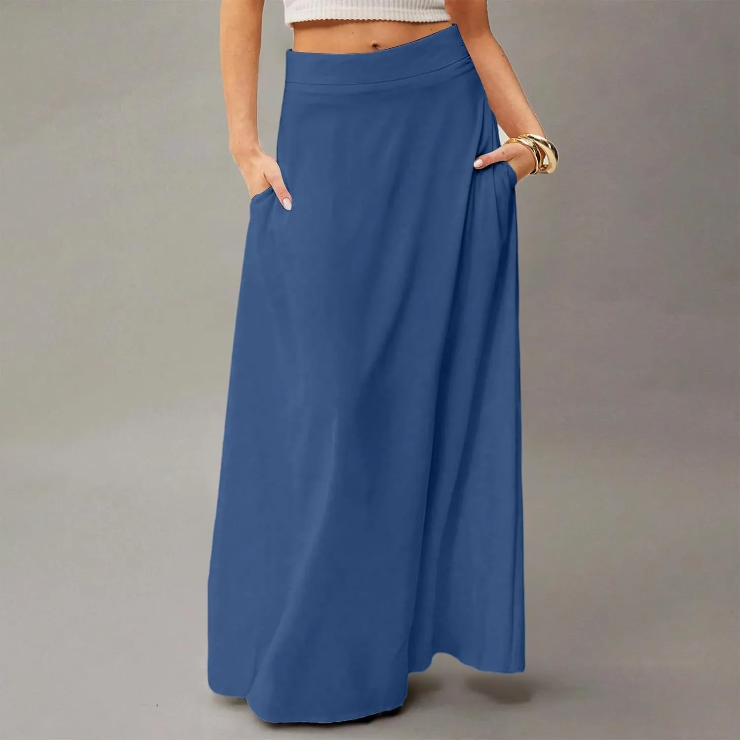 Womens Flowy A Line Skirt Boho Elastic High Waisted Long Maxi Skirts for Women Trendy Summer Basicwith Pockets