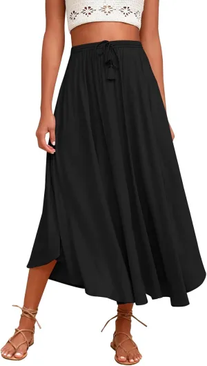 Womens Flowy Skirts Elastic High Waist A-Line Skirt Bohemia Casual Beach Long Skirts Summer Trendy Vacation Dress