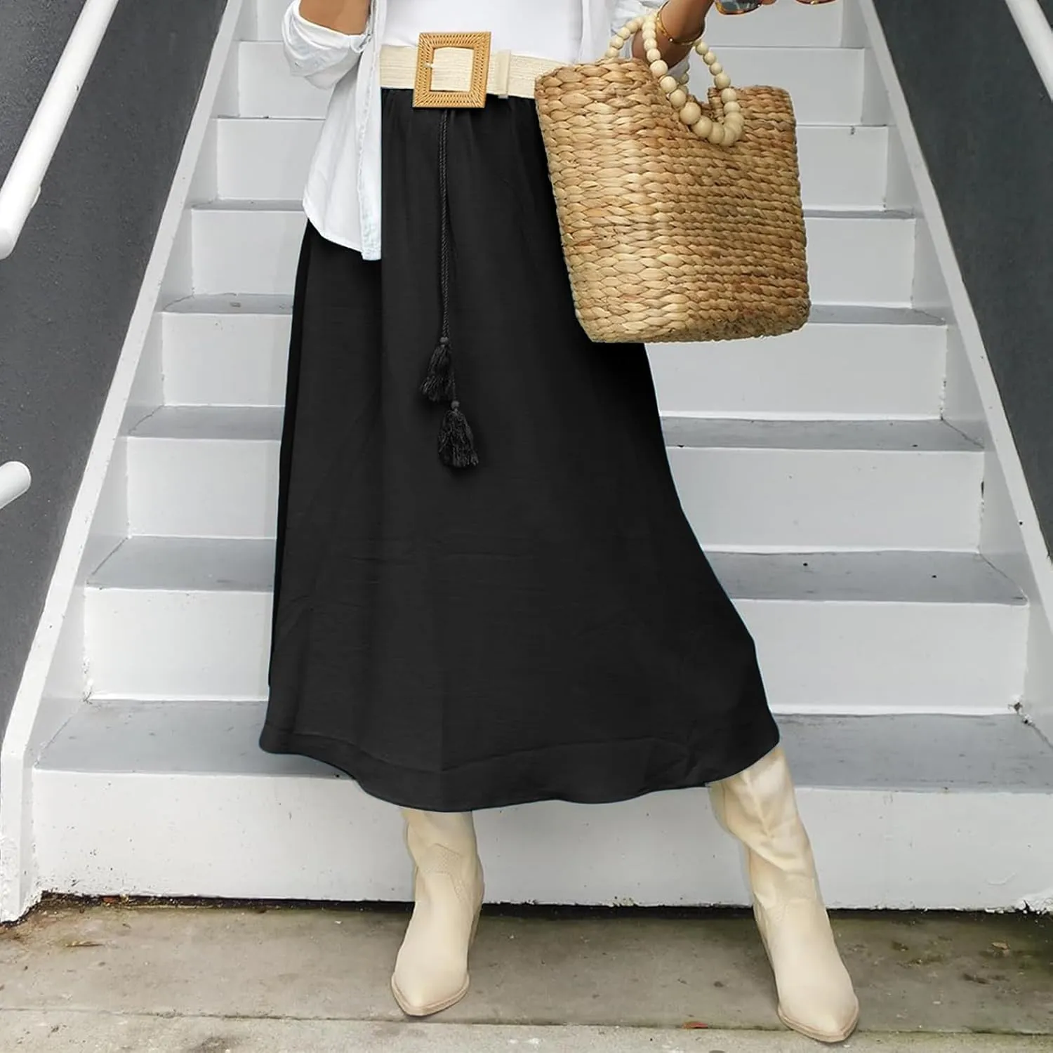Womens Flowy Skirts Elastic High Waist A-Line Skirt Bohemia Casual Beach Long Skirts Summer Trendy Vacation Dress