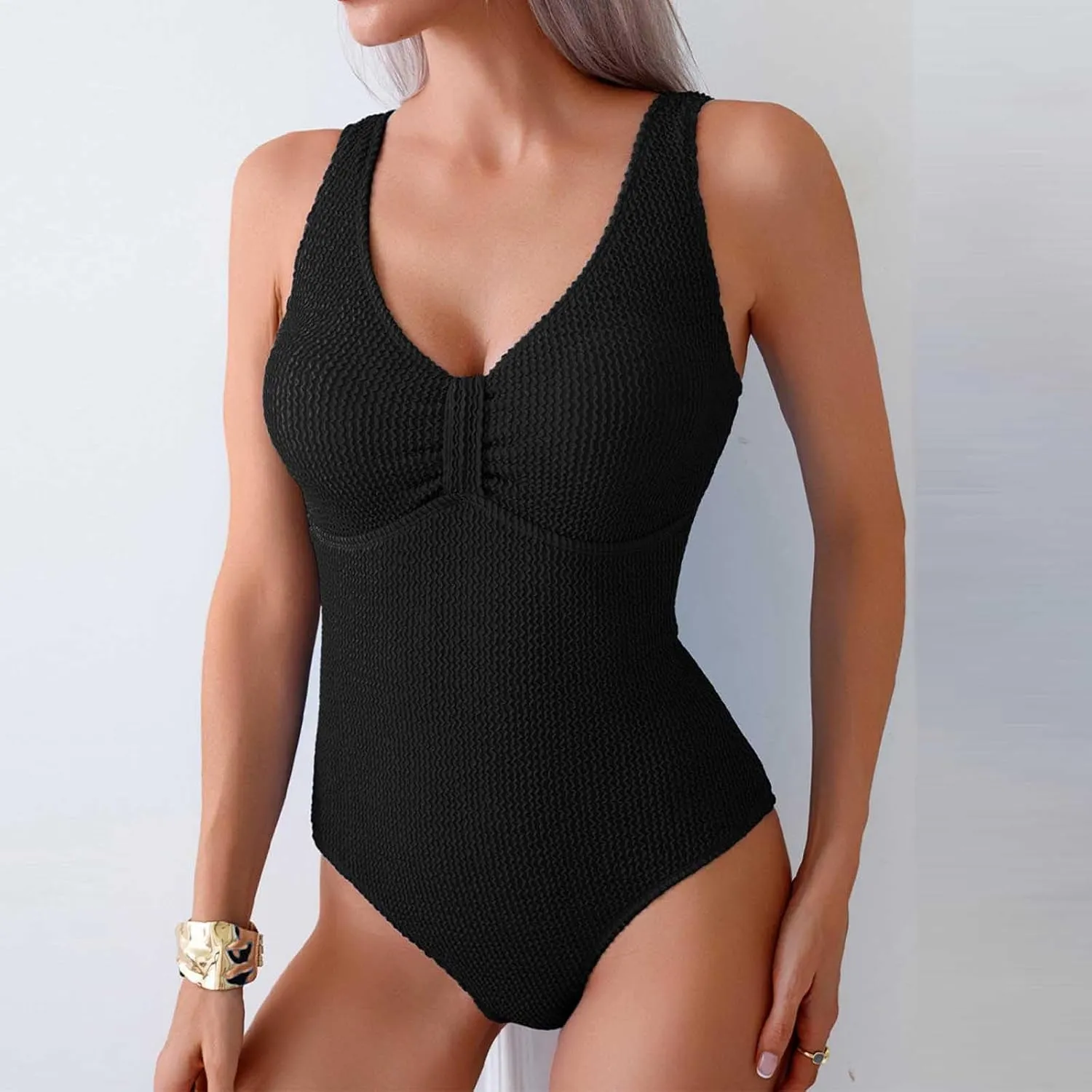 Women's Gorgeous Knitted Texture 1 Piece Swimsuit Slimming Deep V Sexy Backless Tummy Control Swimwear Bathing
