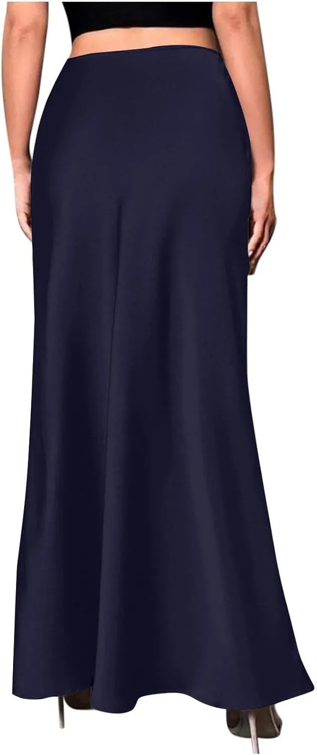 Womens High Waisted Satin Skirts Silk Elegant Long Maxi Skirts Casual A Line Cocktail Party Weekend Midi Skirt