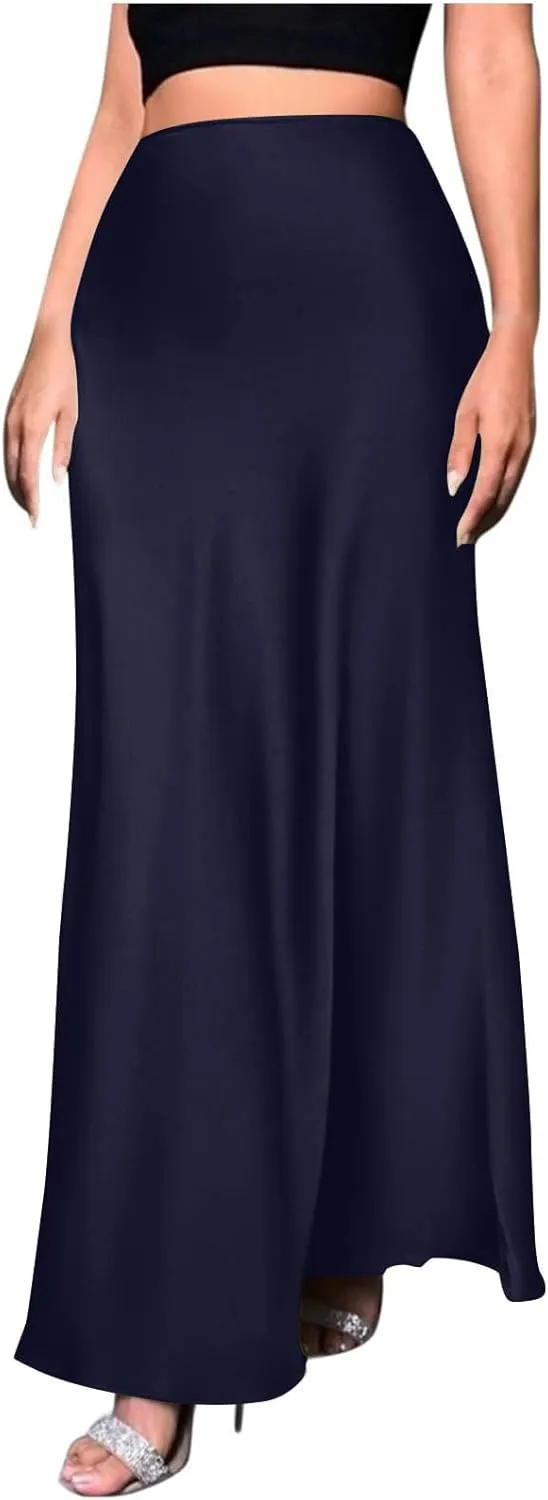 Womens High Waisted Satin Skirts Silk Elegant Long Maxi Skirts Casual A Line Cocktail Party Weekend Midi Skirt