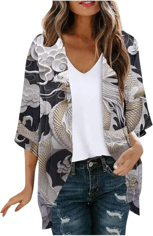 Women's Kimono Swimsuit Coverups Summer Beach Casual Loose Cardigans 3/4 Sleeve Floral Chiffon Blouse For Swimwear