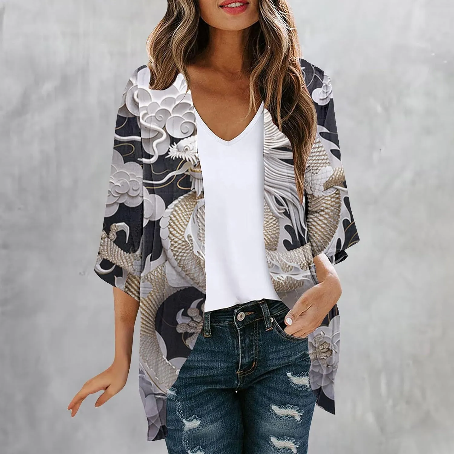 Women's Kimono Swimsuit Coverups Summer Beach Casual Loose Cardigans 3/4 Sleeve Floral Chiffon Blouse For Swimwear