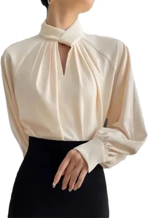 Women's Korean Fashion Hollow Ruffled Blouse Office Lady Stand Collar Business Shirt Long Sleeve Solid Loose Tops