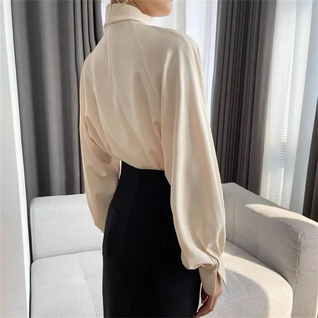 Women's Korean Fashion Hollow Ruffled Blouse Office Lady Stand Collar Business Shirt Long Sleeve Solid Loose Tops