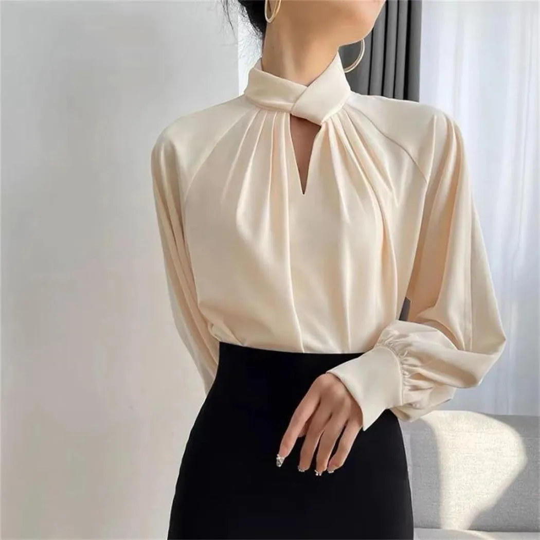 Women's Korean Fashion Hollow Ruffled Blouse Office Lady Stand Collar Business Shirt Long Sleeve Solid Loose Tops