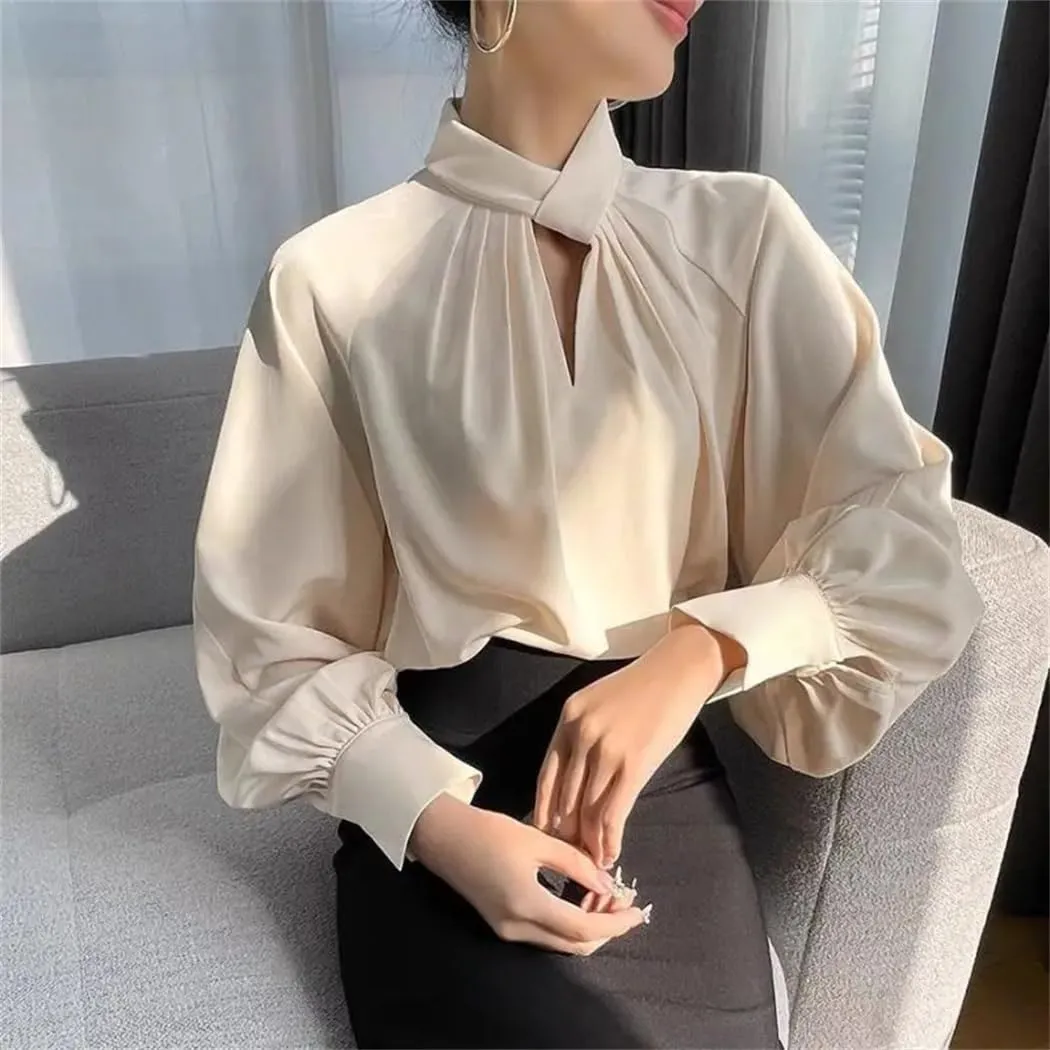 Women's Korean Fashion Hollow Ruffled Blouse Office Lady Stand Collar Business Shirt Long Sleeve Solid Loose Tops