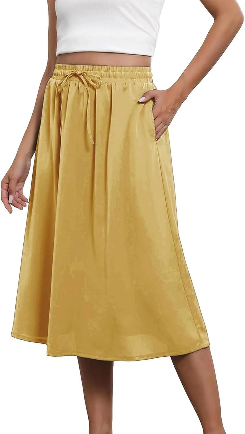 Womens Maxi Boho Skirts Trendy Summer Flowy Floral Midi Skirts with Pockets Lightweight Drawstring High Waisted Skirt