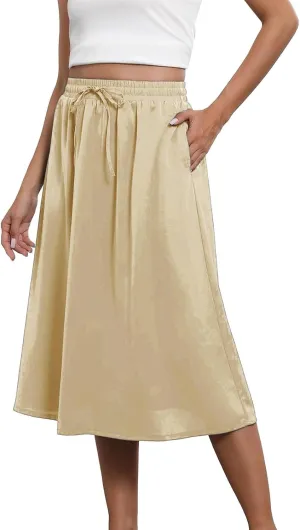 Womens Maxi Boho Skirts Trendy Summer Flowy Floral Midi Skirts with Pockets Lightweight Drawstring High Waisted Skirt