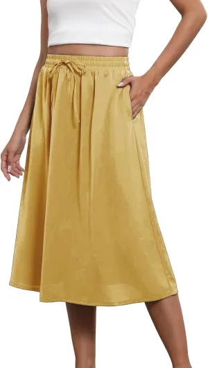 Womens Maxi Boho Skirts Trendy Summer Flowy Floral Midi Skirts with Pockets Lightweight Drawstring High Waisted Skirt