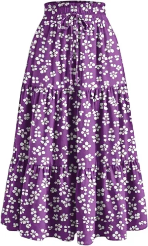 Women's Maxi Floral Skirts Elastic Waist Drawstring Tiered Ruffled Boho Skirt Spring Summer Casual Outfit Beach Dress