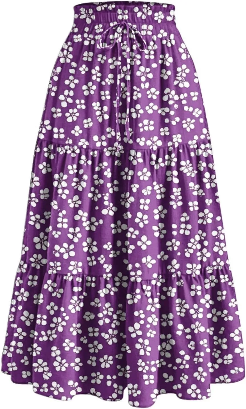 Women's Maxi Floral Skirts Elastic Waist Drawstring Tiered Ruffled Boho Skirt Spring Summer Casual Outfit Beach Dress