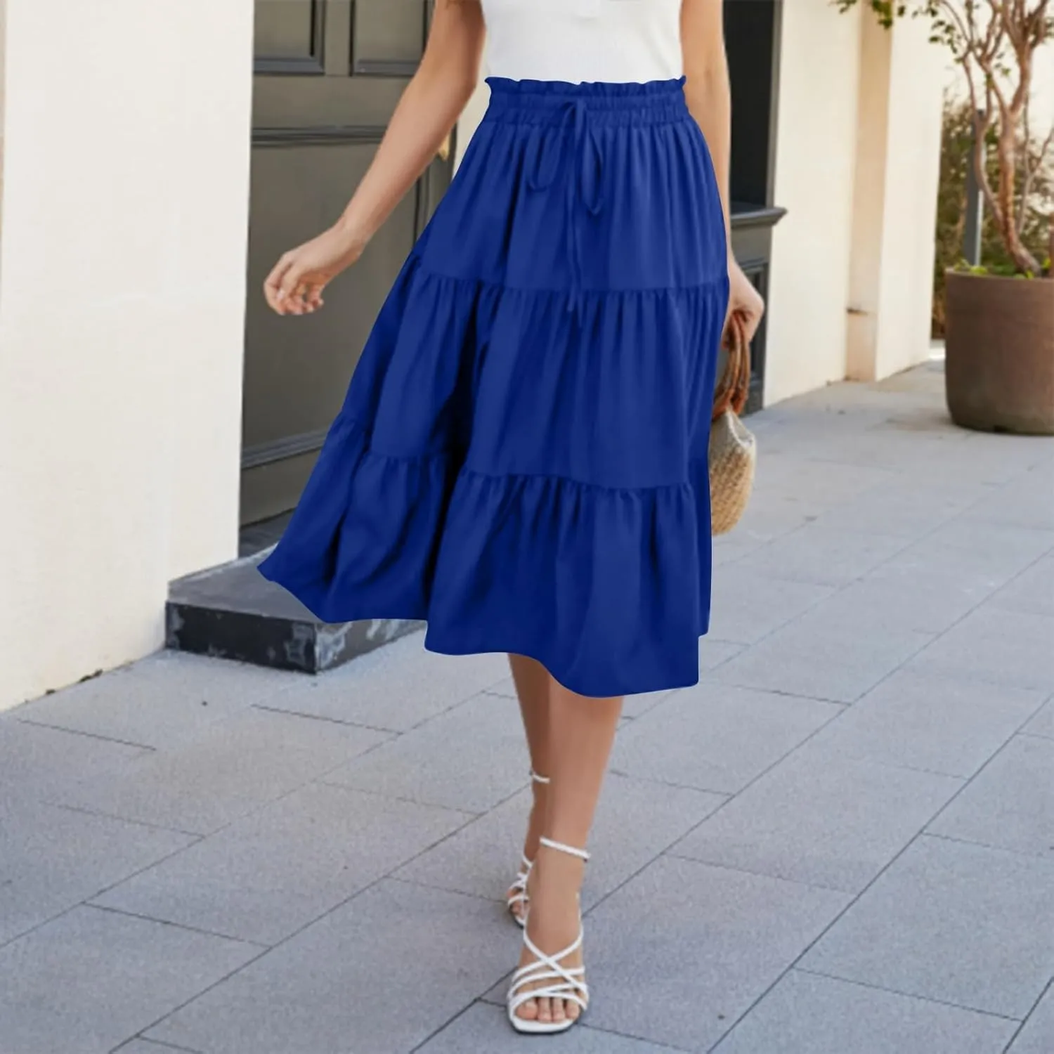 Womens Maxi Skirt 2025 Summer Comfy Tiered Elastic High Waisted Skirts Floral Boho Beach Vacation Long Skirts