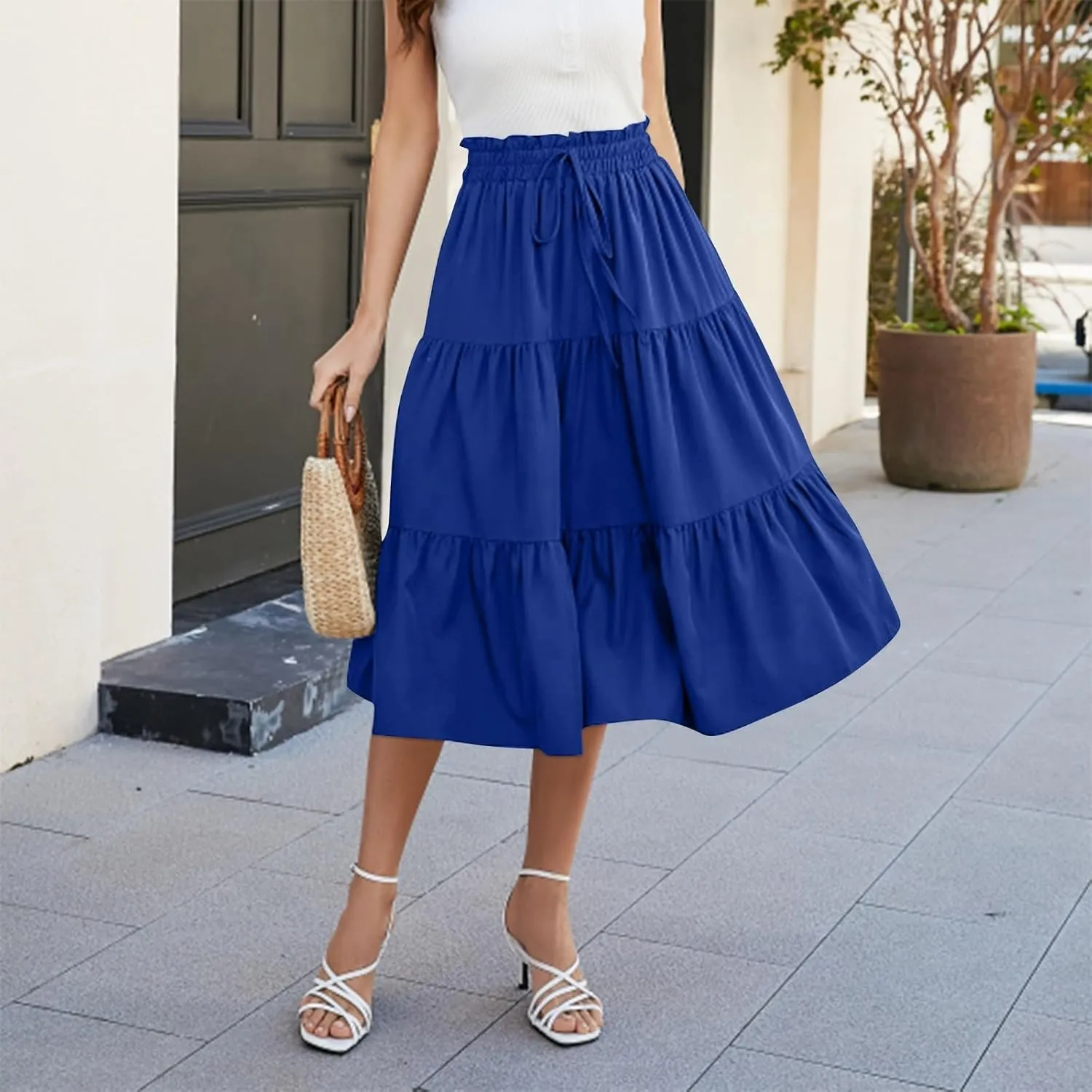 Womens Maxi Skirt 2025 Summer Comfy Tiered Elastic High Waisted Skirts Floral Boho Beach Vacation Long Skirts