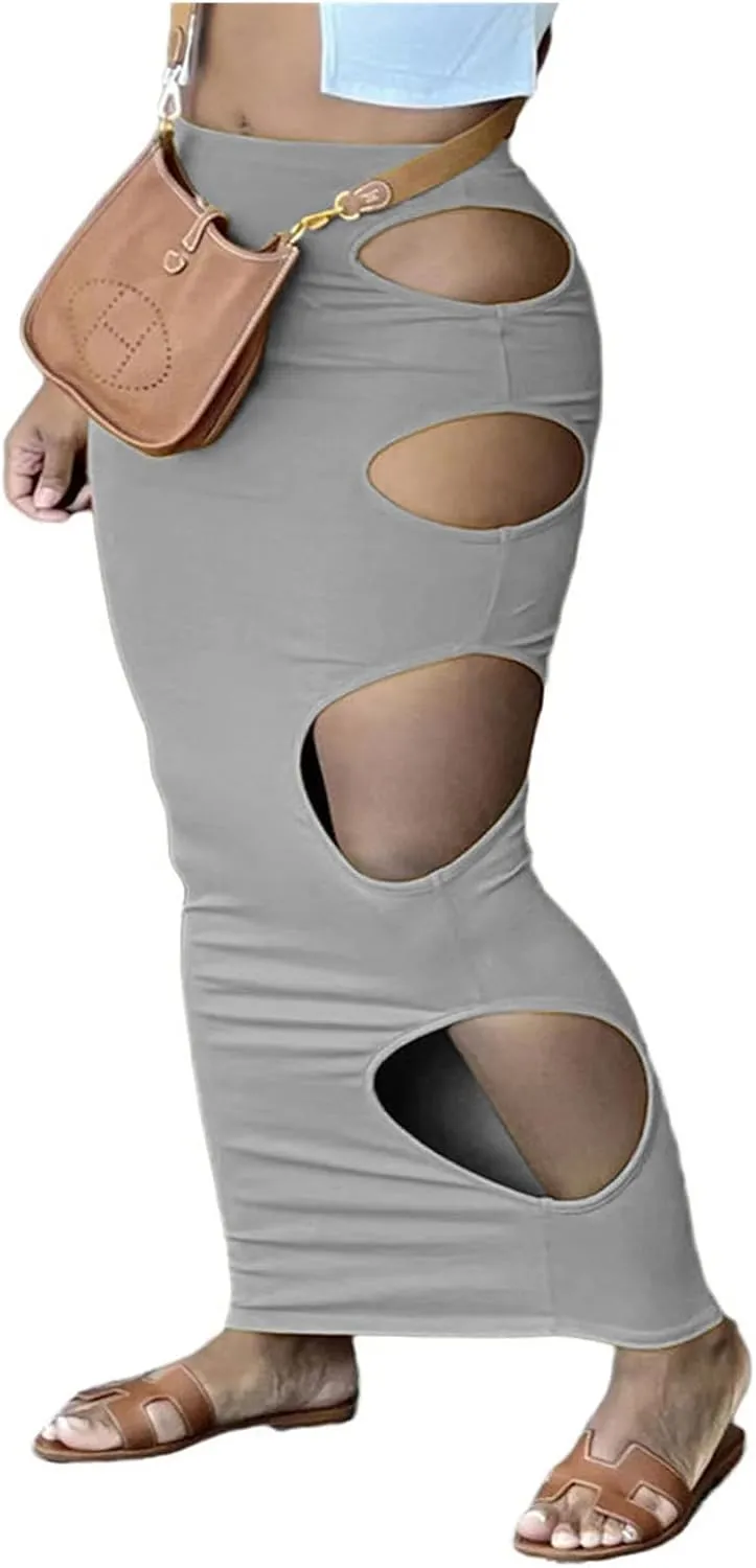 Womens Maxi Skirt Bodycon Unique Cutout Hole Stretch Dress Sexy High Waisted Pencil Skirt Nightout Clubwear