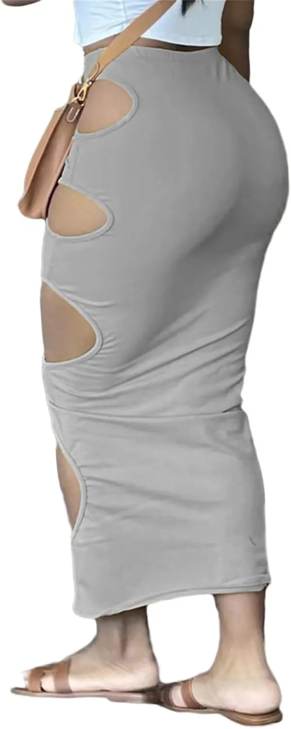 Womens Maxi Skirt Bodycon Unique Cutout Hole Stretch Dress Sexy High Waisted Pencil Skirt Nightout Clubwear