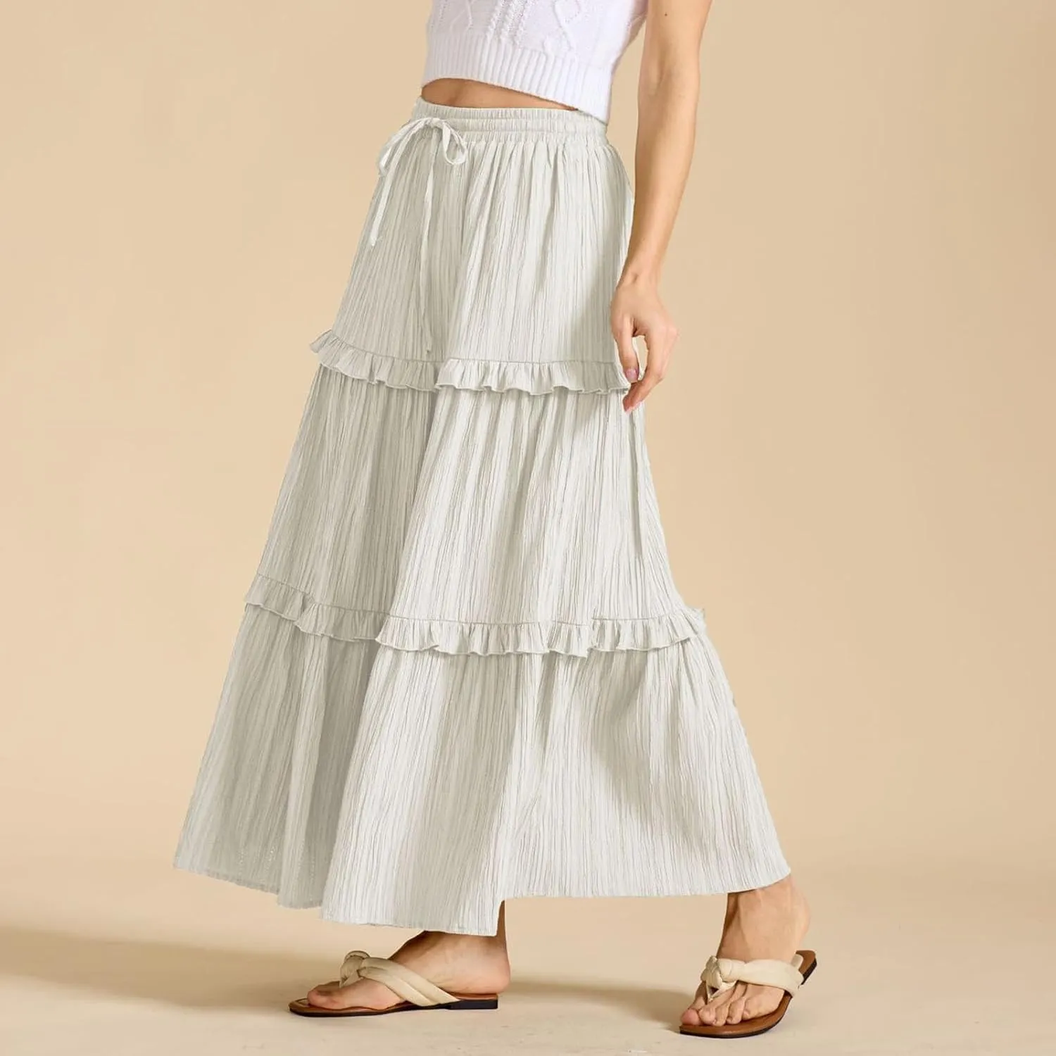 Women's Maxi Skirt Drawstring Elastic High Waist A Line Skirts Summer Casual Long Skirt Y2K Beach Vacation Outfits