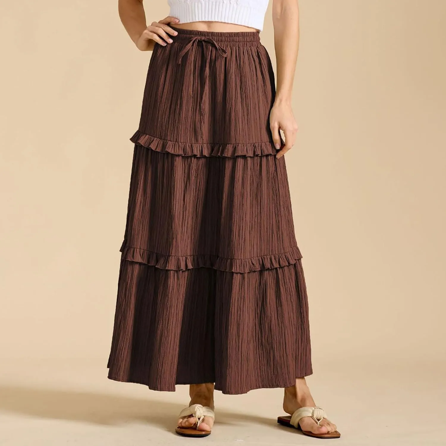 Women's Maxi Skirt Drawstring Elastic High Waist A Line Skirts Summer Casual Long Skirt Y2K Beach Vacation Outfits