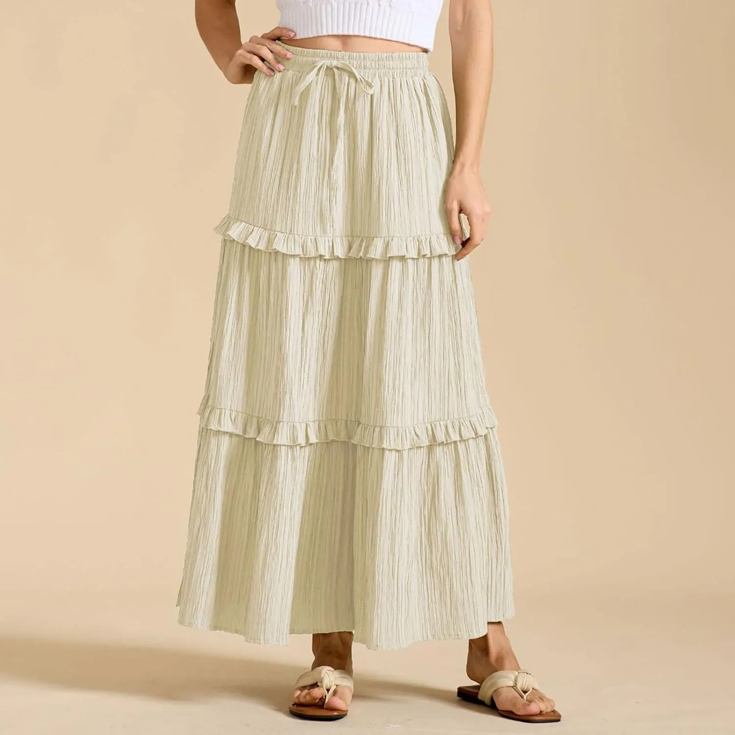 Women's Maxi Skirt Drawstring Elastic High Waist A Line Skirts Summer Casual Long Skirt Y2K Beach Vacation Outfits