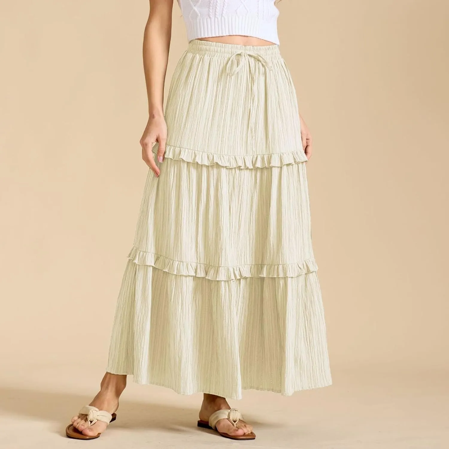 Women's Maxi Skirt Drawstring Elastic High Waist A Line Skirts Summer Casual Long Skirt Y2K Beach Vacation Outfits