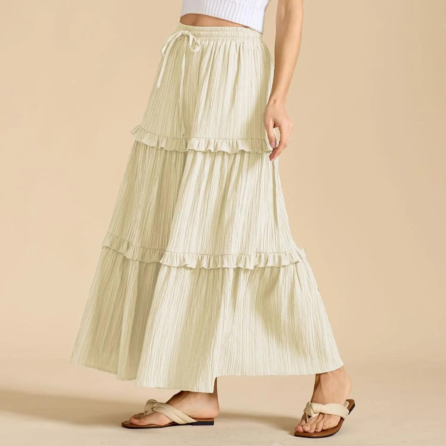Women's Maxi Skirt Drawstring Elastic High Waist A Line Skirts Summer Casual Long Skirt Y2K Beach Vacation Outfits