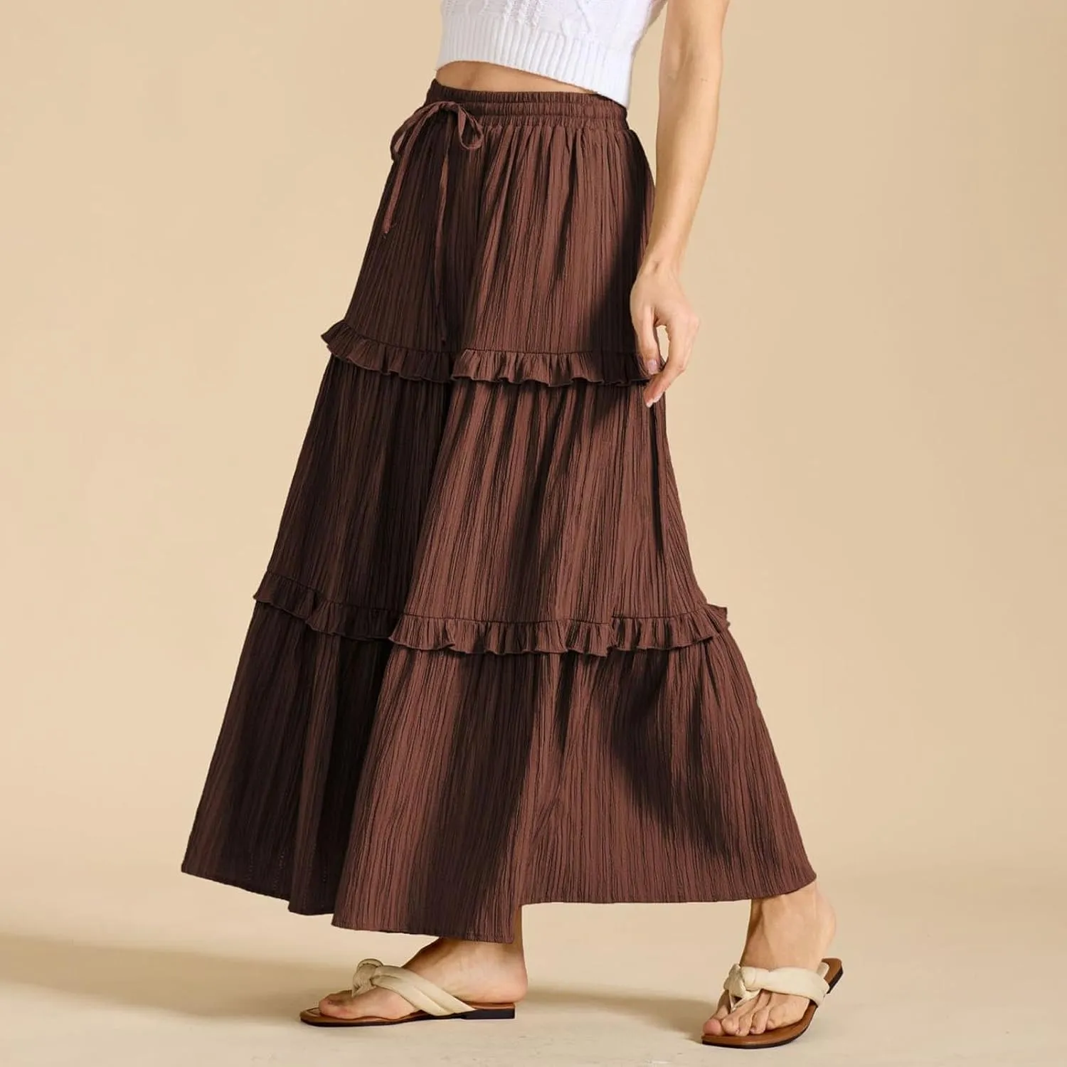 Women's Maxi Skirt Drawstring Elastic High Waist A Line Skirts Summer Casual Long Skirt Y2K Beach Vacation Outfits