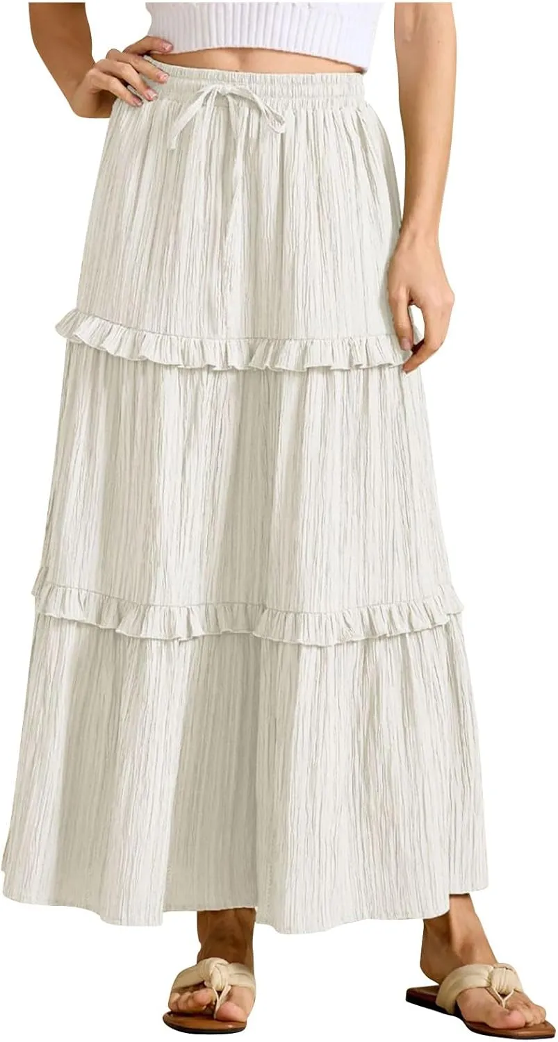 Women's Maxi Skirt Drawstring Elastic High Waist A Line Skirts Summer Casual Long Skirt Y2K Beach Vacation Outfits