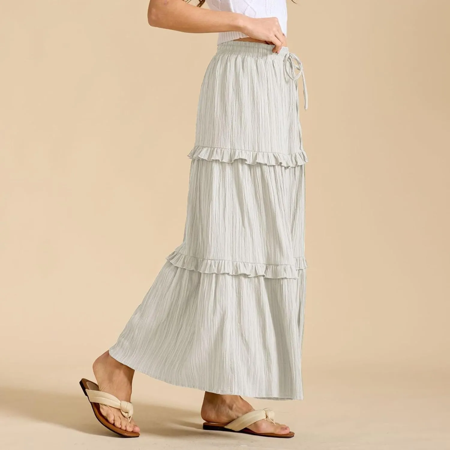 Women's Maxi Skirt Drawstring Elastic High Waist A Line Skirts Summer Casual Long Skirt Y2K Beach Vacation Outfits