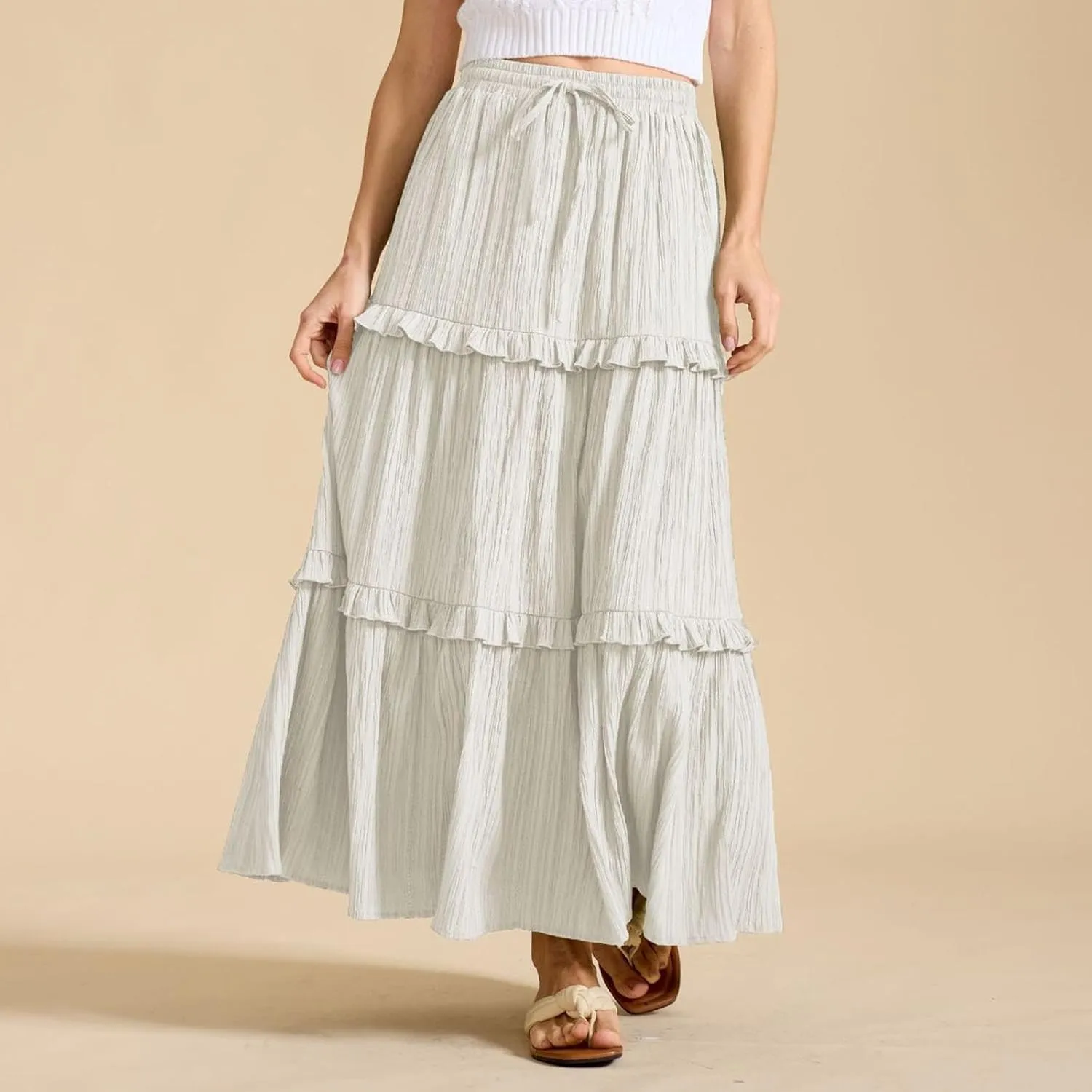Women's Maxi Skirt Drawstring Elastic High Waist A Line Skirts Summer Casual Long Skirt Y2K Beach Vacation Outfits