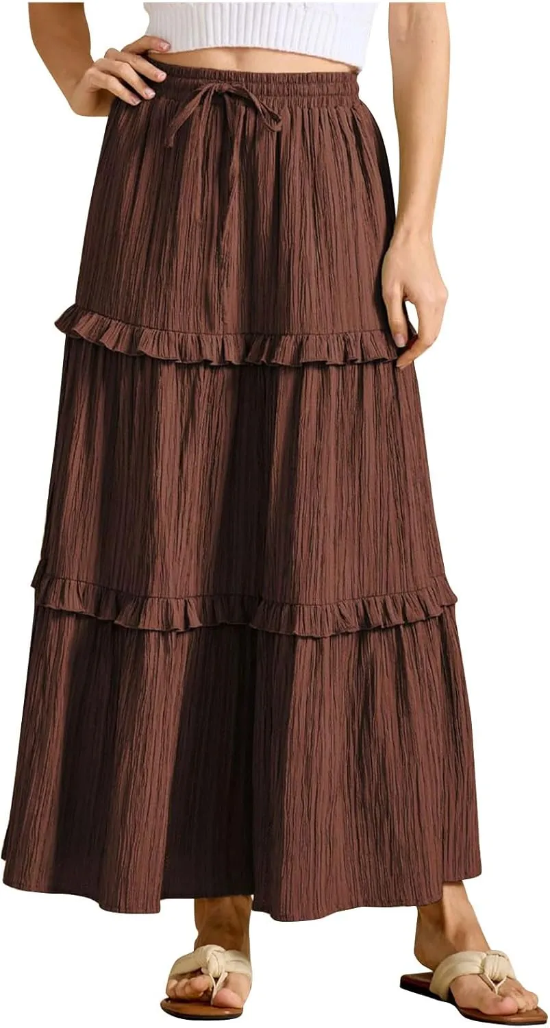 Women's Maxi Skirt Drawstring Elastic High Waist A Line Skirts Summer Casual Long Skirt Y2K Beach Vacation Outfits