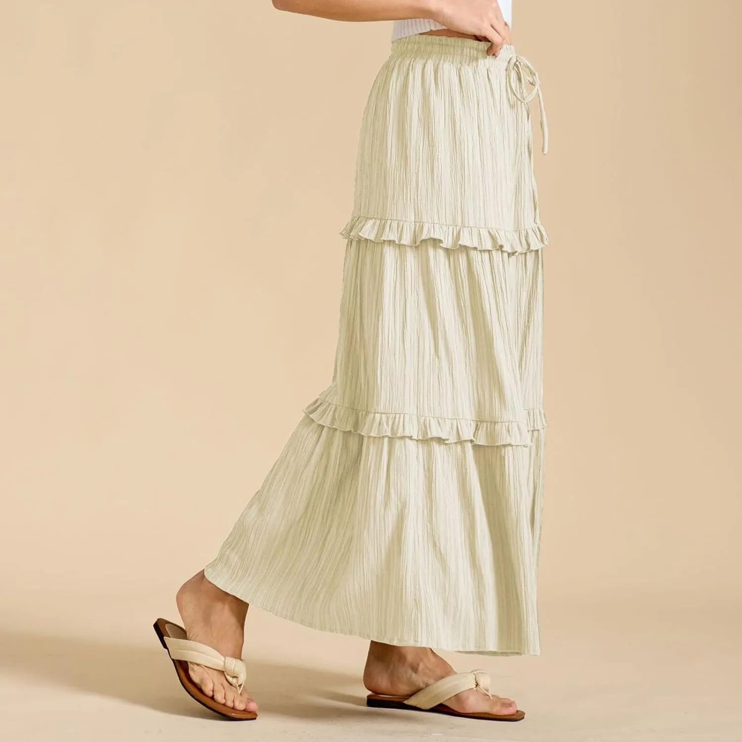 Women's Maxi Skirt Drawstring Elastic High Waist A Line Skirts Summer Casual Long Skirt Y2K Beach Vacation Outfits