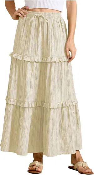 Women's Maxi Skirt Drawstring Elastic High Waist A Line Skirts Summer Casual Long Skirt Y2K Beach Vacation Outfits