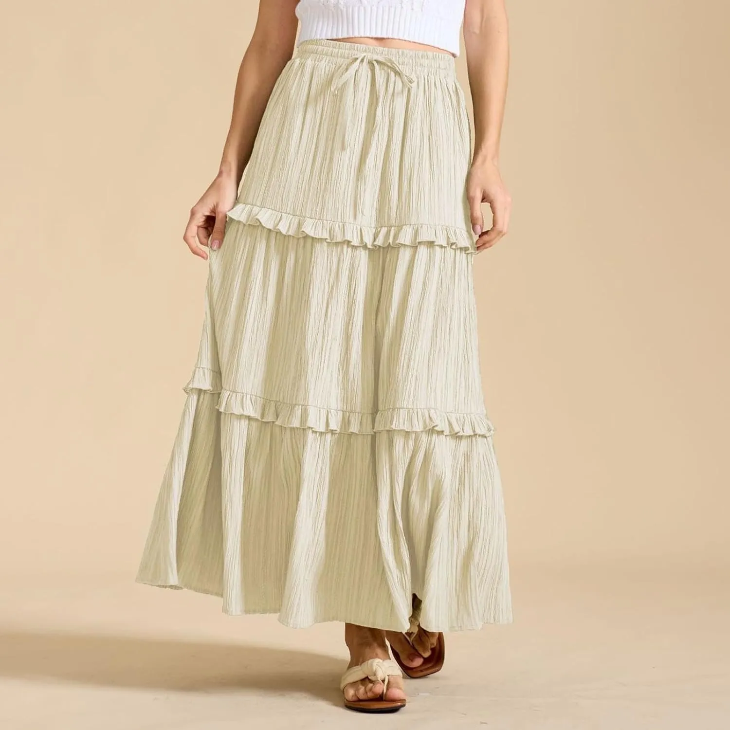 Women's Maxi Skirt Drawstring Elastic High Waist A Line Skirts Summer Casual Long Skirt Y2K Beach Vacation Outfits