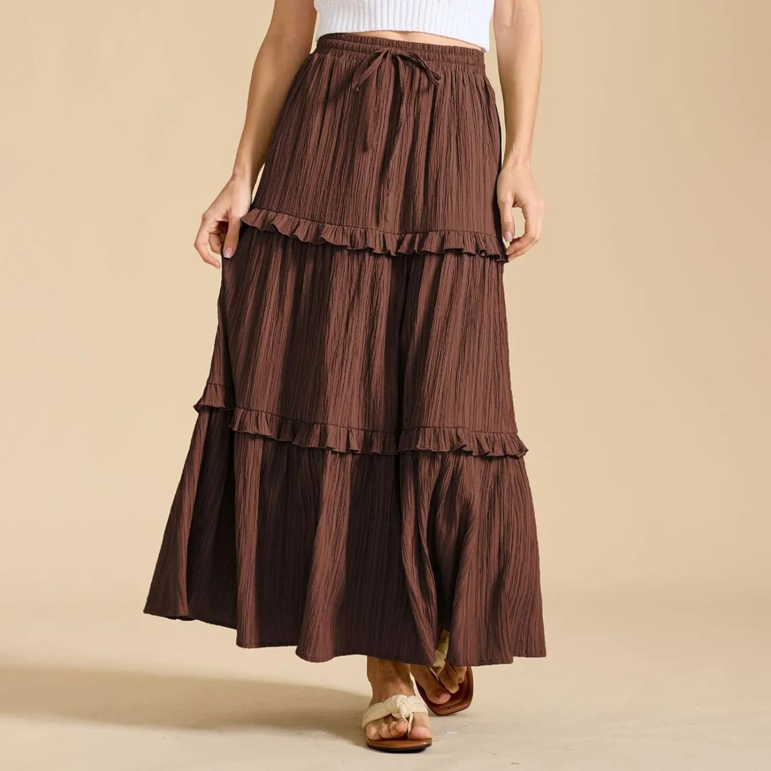 Women's Maxi Skirt Drawstring Elastic High Waist A Line Skirts Summer Casual Long Skirt Y2K Beach Vacation Outfits