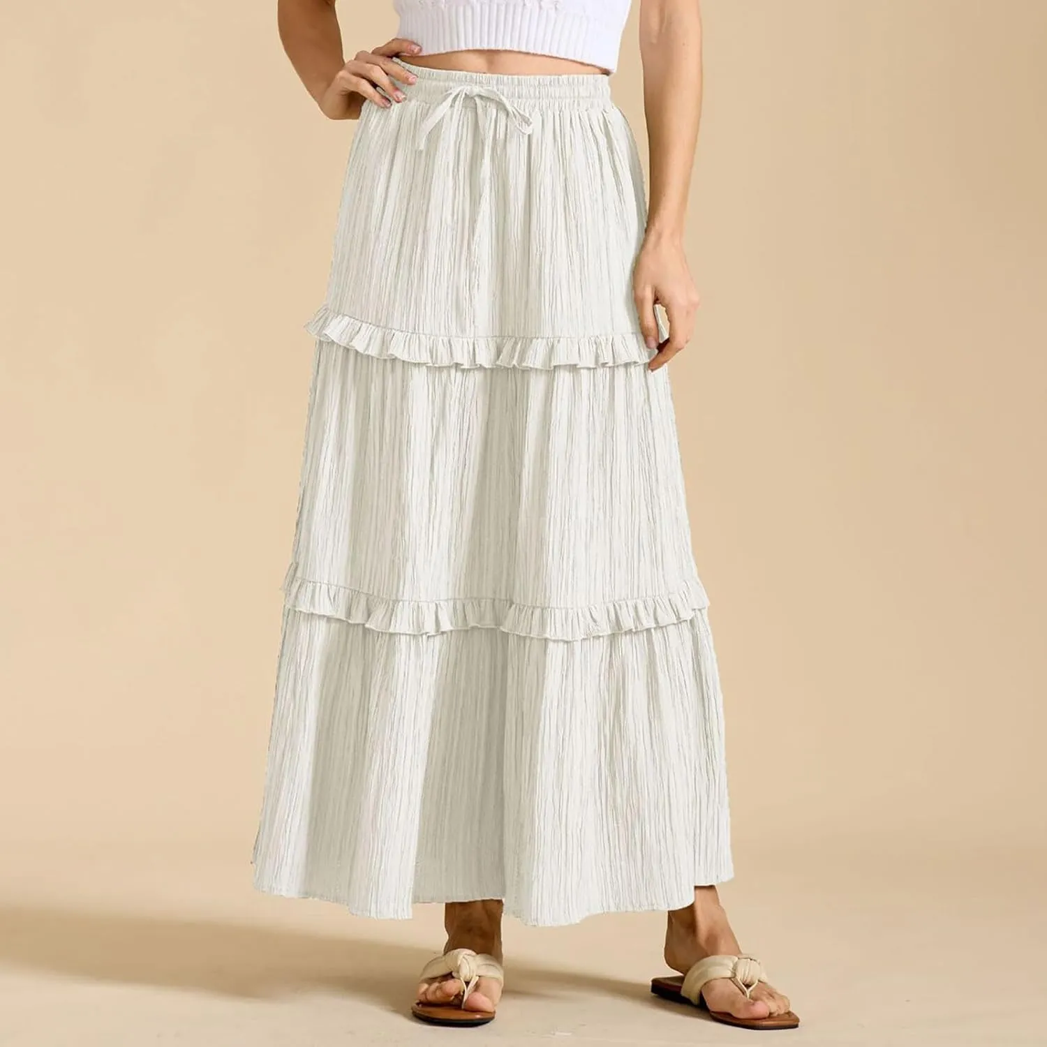 Women's Maxi Skirt Drawstring Elastic High Waist A Line Skirts Summer Casual Long Skirt Y2K Beach Vacation Outfits