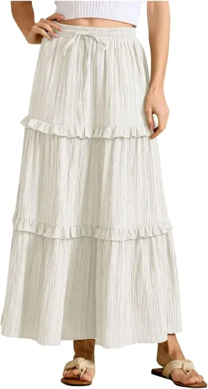 Women's Maxi Skirt Drawstring Elastic High Waist A Line Skirts Summer Casual Long Skirt Y2K Beach Vacation Outfits