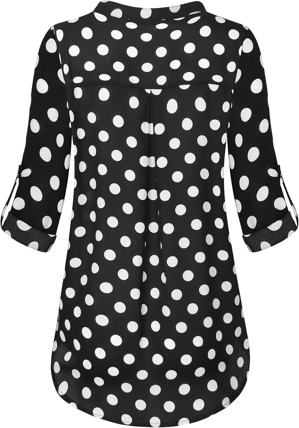 Womens Notch V-Neck Tab Sleeve Button Down Chiffon Blouse Top