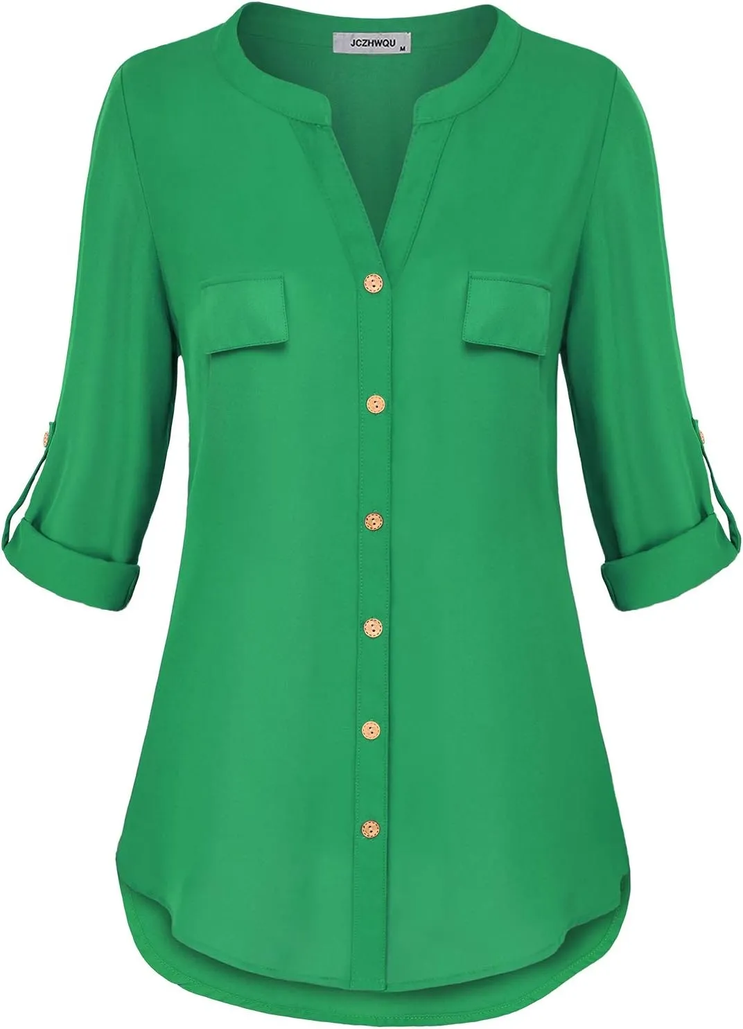 Womens Notch V-Neck Tab Sleeve Button Down Chiffon Blouse Top
