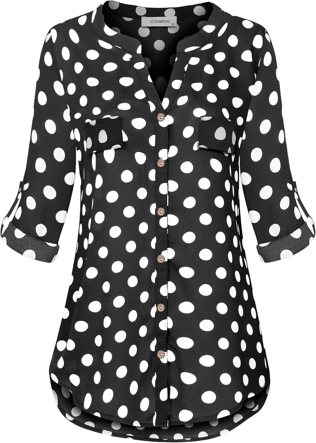 Womens Notch V-Neck Tab Sleeve Button Down Chiffon Blouse Top