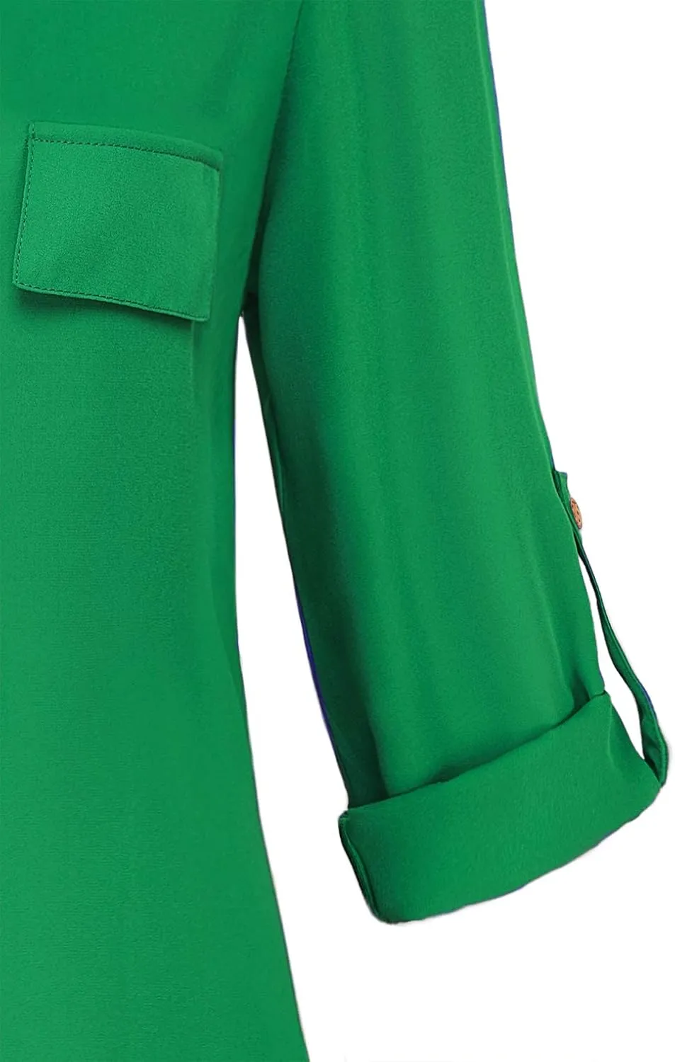 Womens Notch V-Neck Tab Sleeve Button Down Chiffon Blouse Top