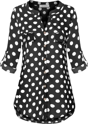 Womens Notch V-Neck Tab Sleeve Button Down Chiffon Blouse Top