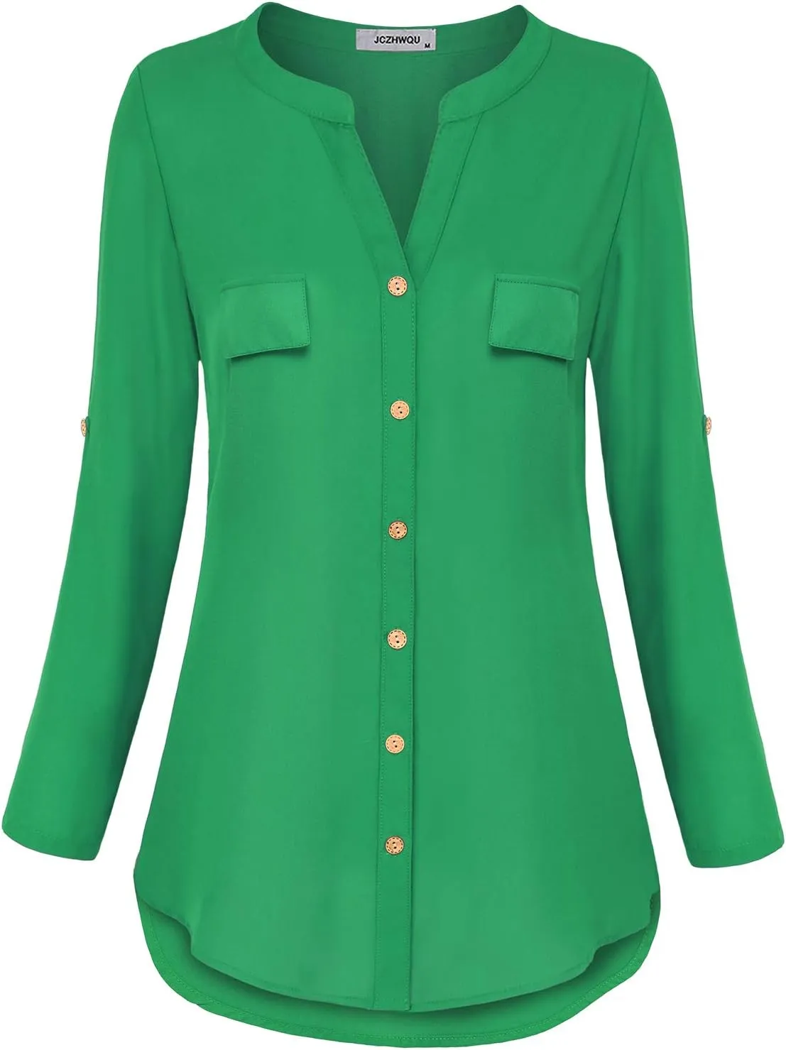 Womens Notch V-Neck Tab Sleeve Button Down Chiffon Blouse Top