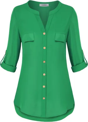 Womens Notch V-Neck Tab Sleeve Button Down Chiffon Blouse Top