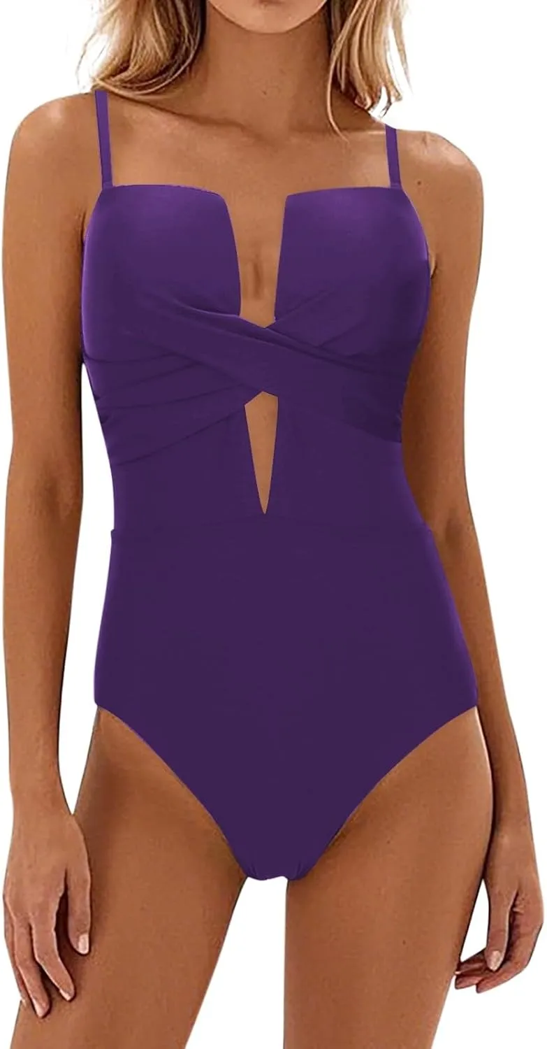 Womens One Piece Bathing Suit Cutout V Neck Swimwear Tummy Control Swimsuits Vintage Bathing Suits Push up Beachwear