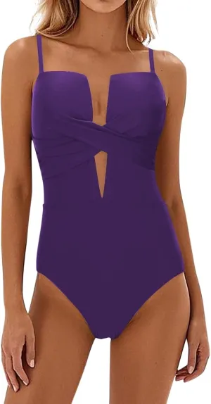 Womens One Piece Bathing Suit Cutout V Neck Swimwear Tummy Control Swimsuits Vintage Bathing Suits Push up Beachwear