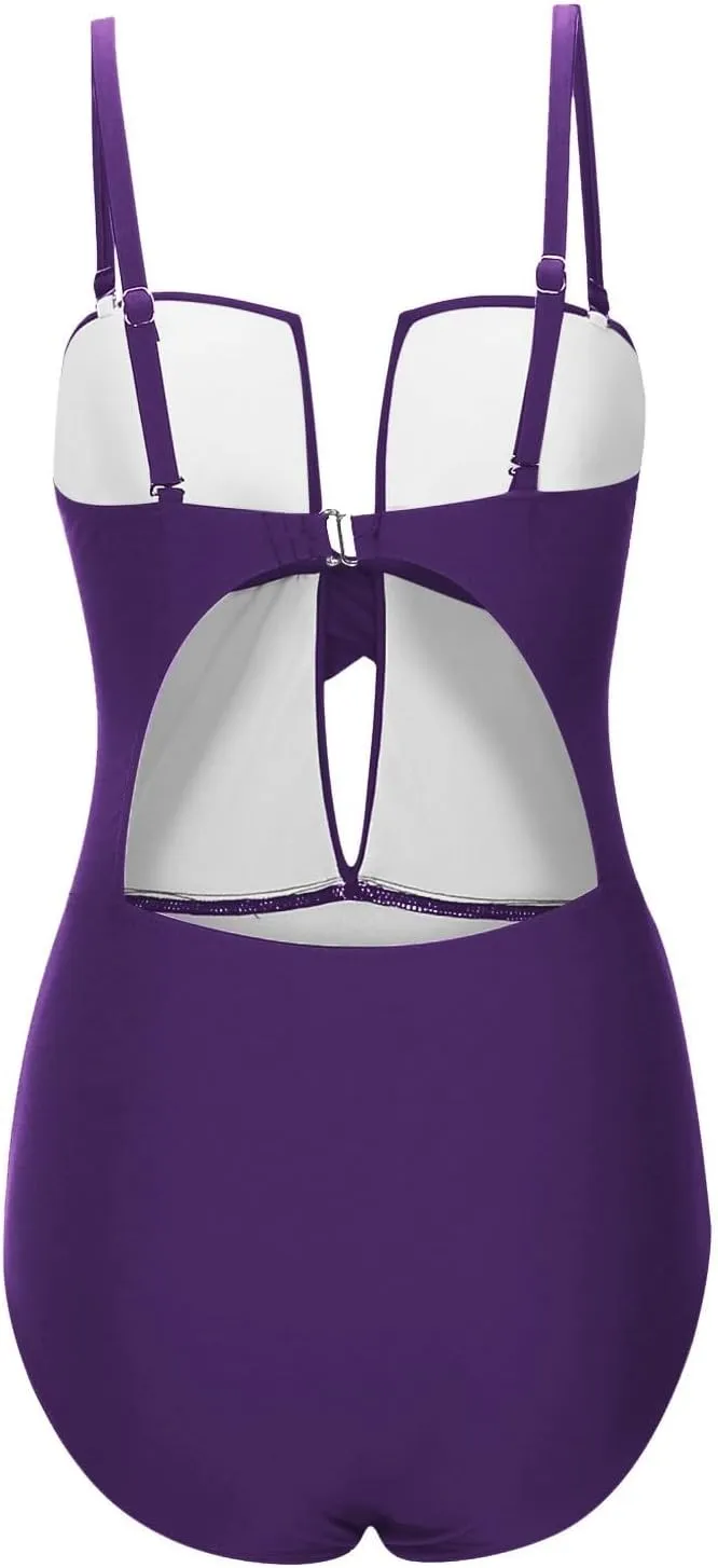 Womens One Piece Bathing Suit Cutout V Neck Swimwear Tummy Control Swimsuits Vintage Bathing Suits Push up Beachwear