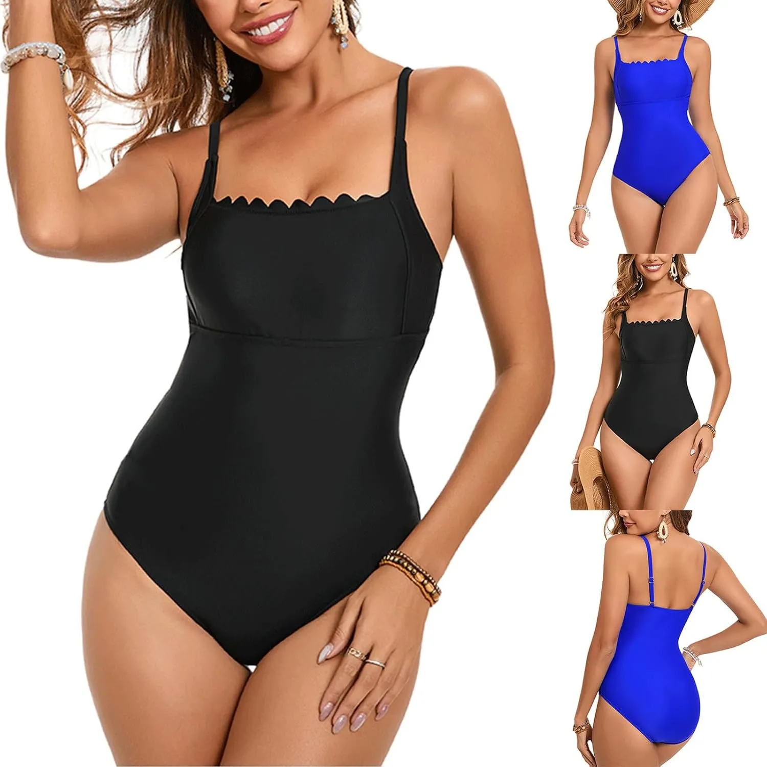 Women's One Piece Side Slits Swimsuits Spaghetti Straps Tummy Control Swimwear Square Neck Backless Ruch Bathing Suits